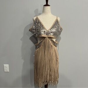 Joyfolie Sequin Fringe Beige Mini Dress XXL Size 18